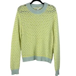 Cocogio Cozy Alpaca Blend Open Knit Crewneck Sweater Large Yellow Light Blue
